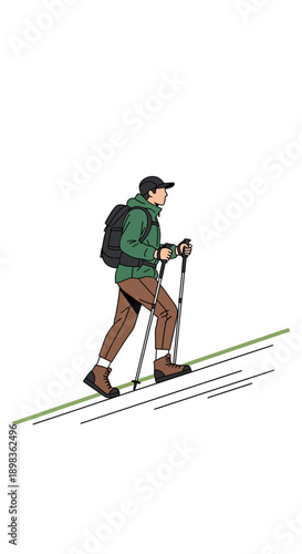 Adventurous Hiker Ascending a Steep Terrain with Hiking Poles, Isolated on White Background