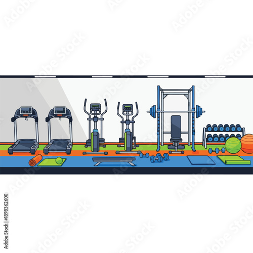 Cartoon gym interior, showing equipment like treadmills, and weights
