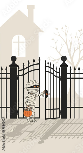 Adorable Mummy Character Inviting Guests Through An Open Gate