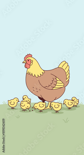 Adorable Mother Hen Nurturing Her Cute Baby Chicks on a Sunny Day