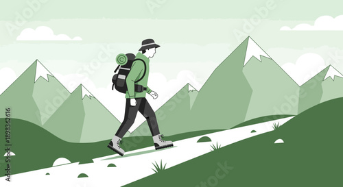 Adventurous Hiker Ascends Mountain Trail Amidst Serene Peaks