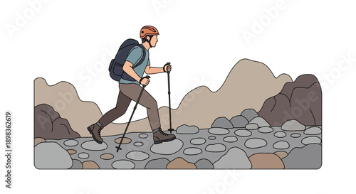 Adventurous Hiker Ascends Rocky Mountain Terrain With Trekking Poles