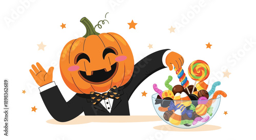 Adorable Pumpkin Character In Tuxedo Offering Halloween Sweets