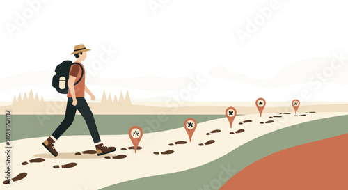 Adventurous Hiker Follows Footprints And Location Markers On A Scenic Trail