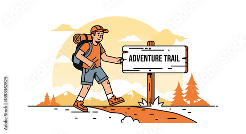 Adventurous Hiker Following Trail Sign Toward Outdoor Exploration Journey