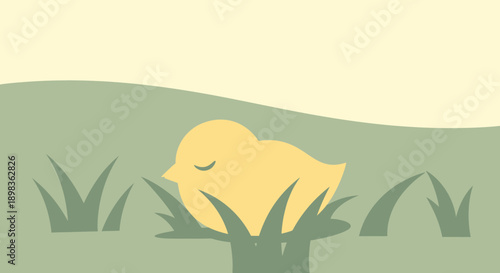 Adorable Yellow Chick Resting Peacefully in Green Grass Illustration