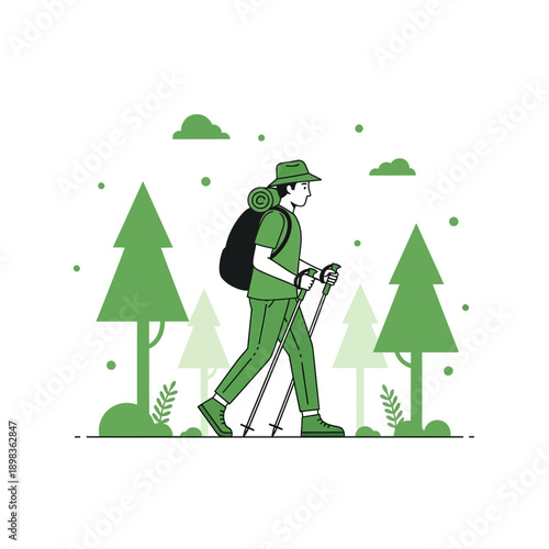 Adventurous Hiker Exploring Nature With Trekking Poles And Backpack