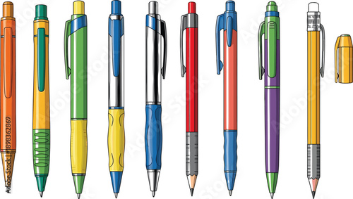 Assortment of ten different pens and pencils with colorful barrels and caps Keywords: pens, pencils, writing, instruments