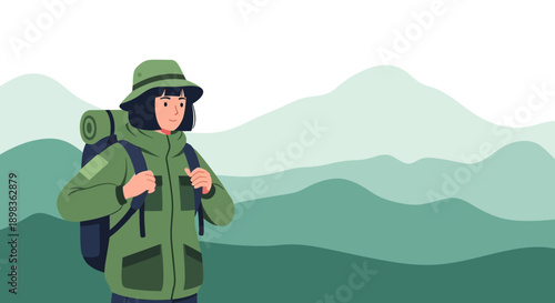 Adventurous Hiker In Green Outdoor Gear Ready For Exploration
