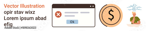 Business challenges, technology issues, finance, stress management, user experience, online troubleshooting. Error message popup, dollar sign stressed individual. Technology and finance concepts