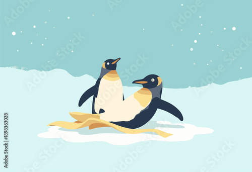 Penguin slipping banana peel ice Slapstick humor Flat