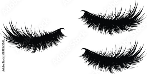 Black silhouette of three sets of fluffy eyelashes on a white background Keywords: eyelashes, false eyelashes, makeup, beauty