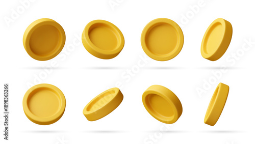 Set of 3d gold coins in different angles. Empty blank golden coin elements for money, success, wealth, jackpot, online casino. Vector illustration