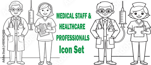 Medical staff and healthcare professionals icon set with doctors and nurses