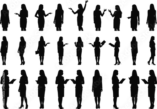 Silhouette businesswoman collection, female office worker standing talking presenting reading document, corporate professional women vector illustration, business people design set