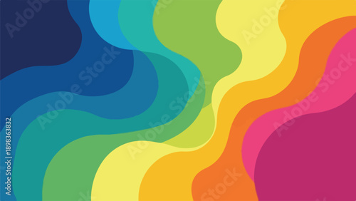 Colorful, layered waves cascade from left to right in vibrant hues