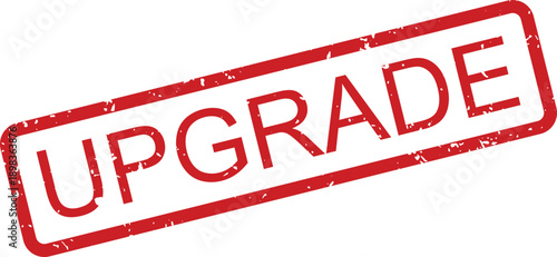 A vibrant red textured rubber stamp with the bold word UPGRADE positioned diagonally on a clear white surface