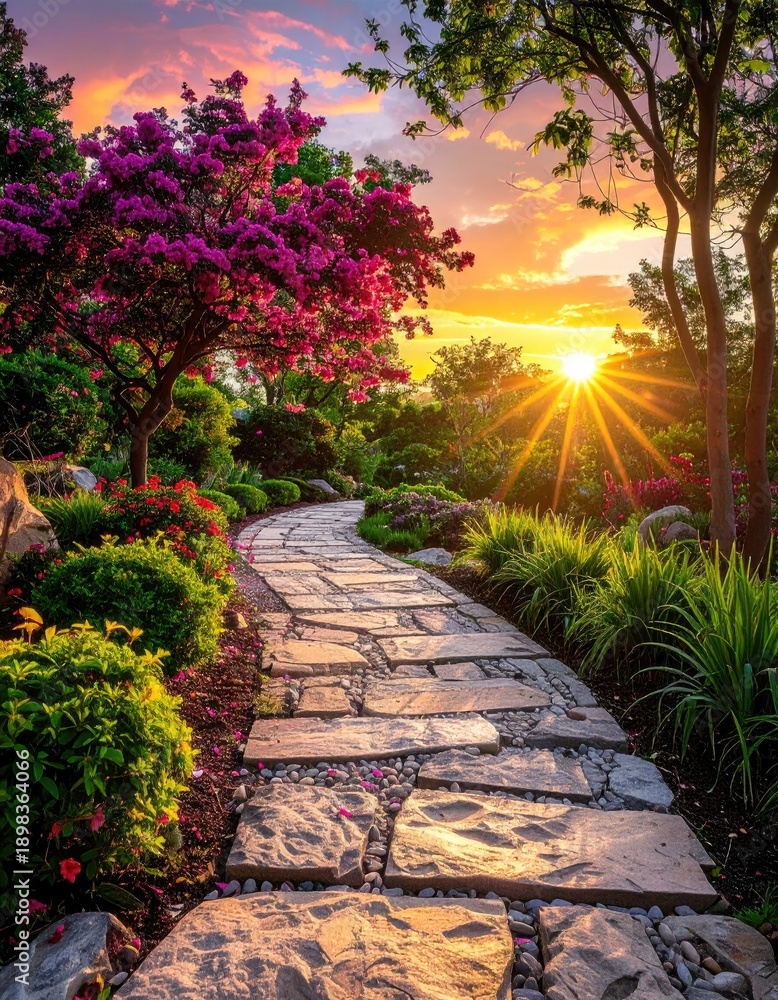 Obraz premium Winding stone path through a colorful garden at sunset