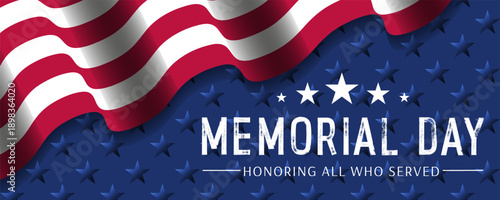 Memorial day design template. Horizontal background with usa flag and stars on navy blue. Great for web banners, cards, posters, social media