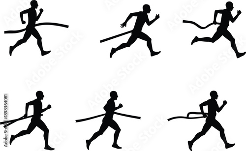 Runner silhouette, athlete crossing finish line, winning race, running motion, marathon illustration, sprinting figure, black icon vector set