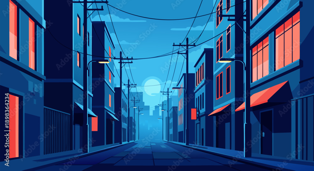 Obraz premium Nighttime Urban Street Vector Illustration Serene Cityscape at Dusk with Moonlit Sky and Stylized Buildings in Blue and Orange Tones