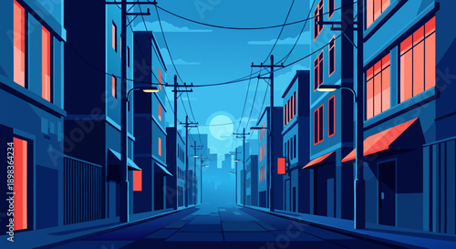 Nighttime Urban Street Vector Illustration Serene Cityscape at Dusk with Moonlit Sky and Stylized Buildings in Blue and Orange Tones