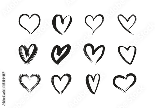 Set of various doodles brush, Heart set, collection of hand-drawn line heart shapes,
Romance and love silhouette outlines, Valentines day, rough, design elements illustrations