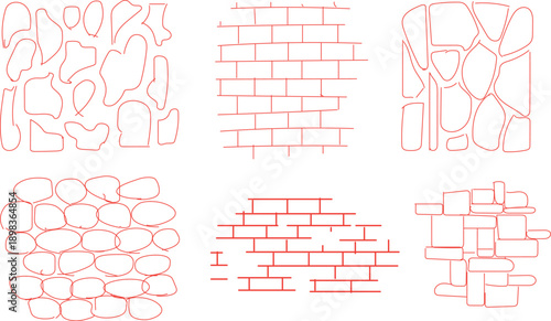  vector outlines of common brick and stone wall textures. These illustrations are likely used as design assets or stencils for architectural drawings or graphic design projects. 