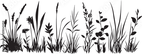 A grass and flowers silhouette vector illustration featuring a spring nature meadow with floral leaf patterns and green plant growth in a summer field