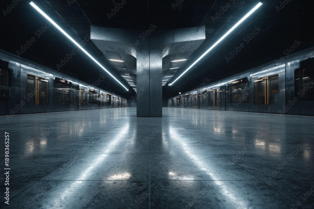 Obraz premium Futuristic subway station empty platform symmetrical architecture modern lighting metallic surface urban transport night reflective floor minimalistic moody atmosphere