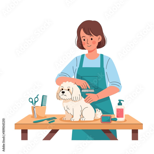Professional groomer styling cute small white dog on table with tools