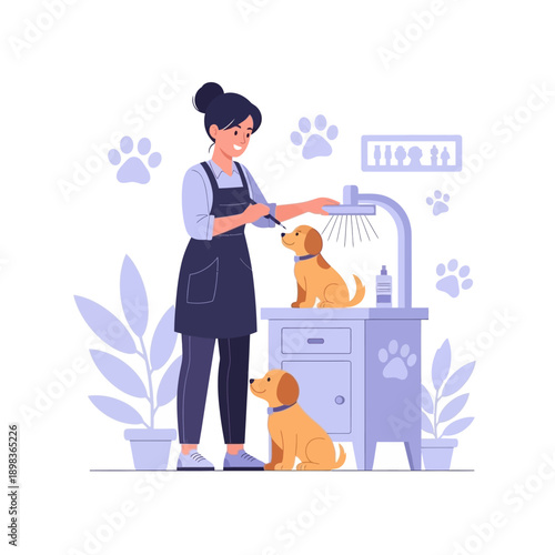 Professional dog grooming, happy puppy getting a bath, pet care, clean fur