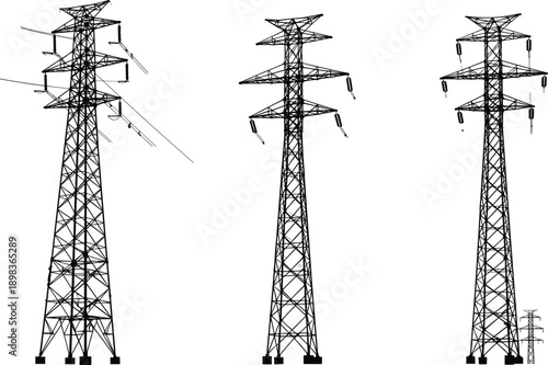 Silhouette of high voltage transmission towers, electricity pylons, lattice structures, crossarms, insulators, energy infrastructure, industrial landscape, electrical power distribution network