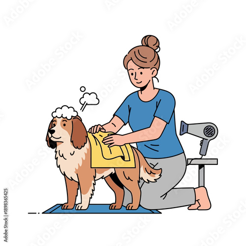 Woman grooming dog, washing and drying pet with towel and hairdryer