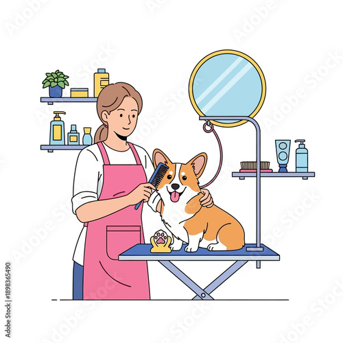 Happy Corgi Dog Groomer Brushing Fur at Pet Salon, Vector Illustration