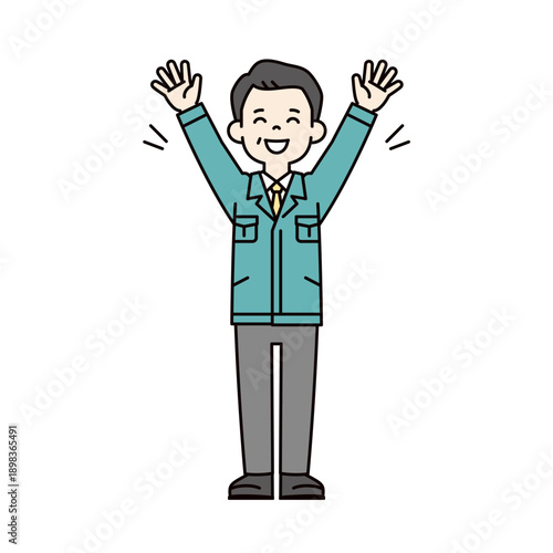 大喜びでバンザイをする、50代・60代の作業員・技術者・工場長の全身ベクターイラスト素材