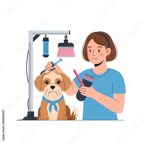 Dog Grooming: Woman Trimming Pet's Fur with Clippers and Brush