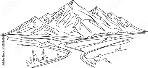 A serene mountain landscape with a winding road and lush vegetation.