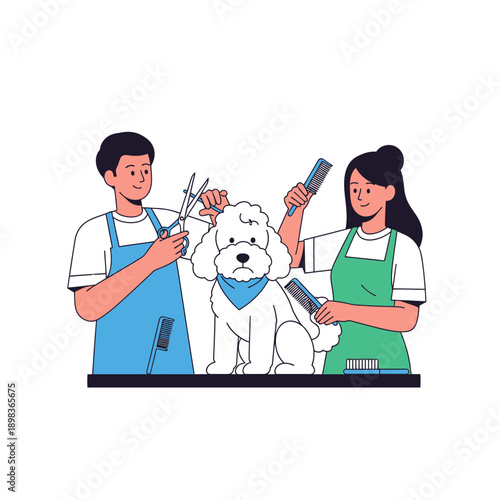 Dog Grooming Service with Scissors and Comb, Happy Pets and Stylists