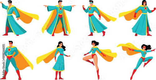 Diverse group of eight superheroes in colorful costumes with capes woman male