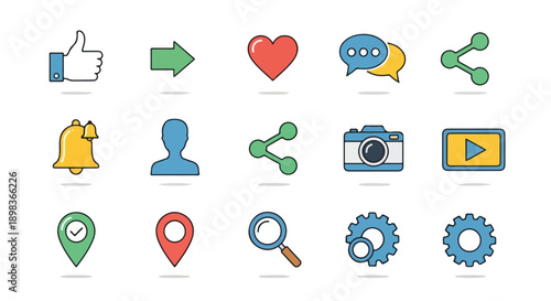 Collection of various, colorful, flat, vector icons with shadows