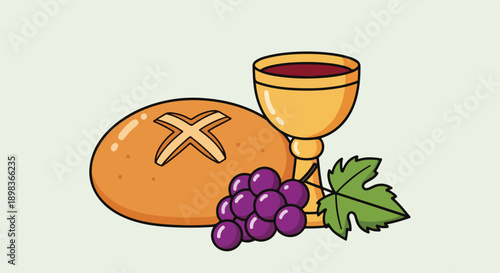 Colorful illustrated items representing spiritual communion, bread, grapes, and chalice