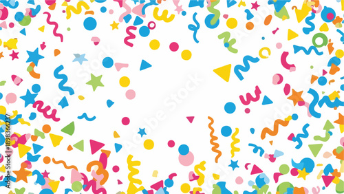 Colorful celebratory confetti in various shapes scattered on white backdrop