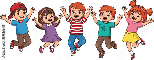 Five happy cartoon children jumping with arms raised in excitement kids boys