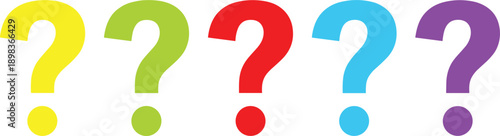 Five colorful question marks with matching colored dots below them yellow green