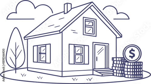 Mortgage Icon – Minimal Outline Vector Icon of House with Currency Symbol, Home Loan, Real Estate Financing & Property Investment Concept