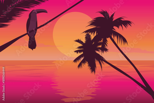 Tropical Sunset Illustration with Toucan Bird and Palm Tree Silhouettes