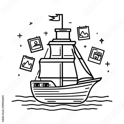 Sailing Boat with Photos and Flags on Water