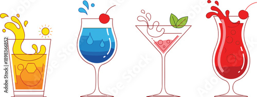 Four Colorful Cocktails with Fruit and Splashes on White Background Keywords: cocktails, drinks, beverages, alcohol, refreshment