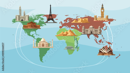 Colorful illustrated map showcasing famous buildings around the globe